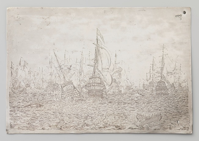 Pieter Vogelaer, de Zeelandia voor de kust van Lagos, 1693, zilver, 11 x 15,5 cm, Rijksmuseum BK-2006-2-A